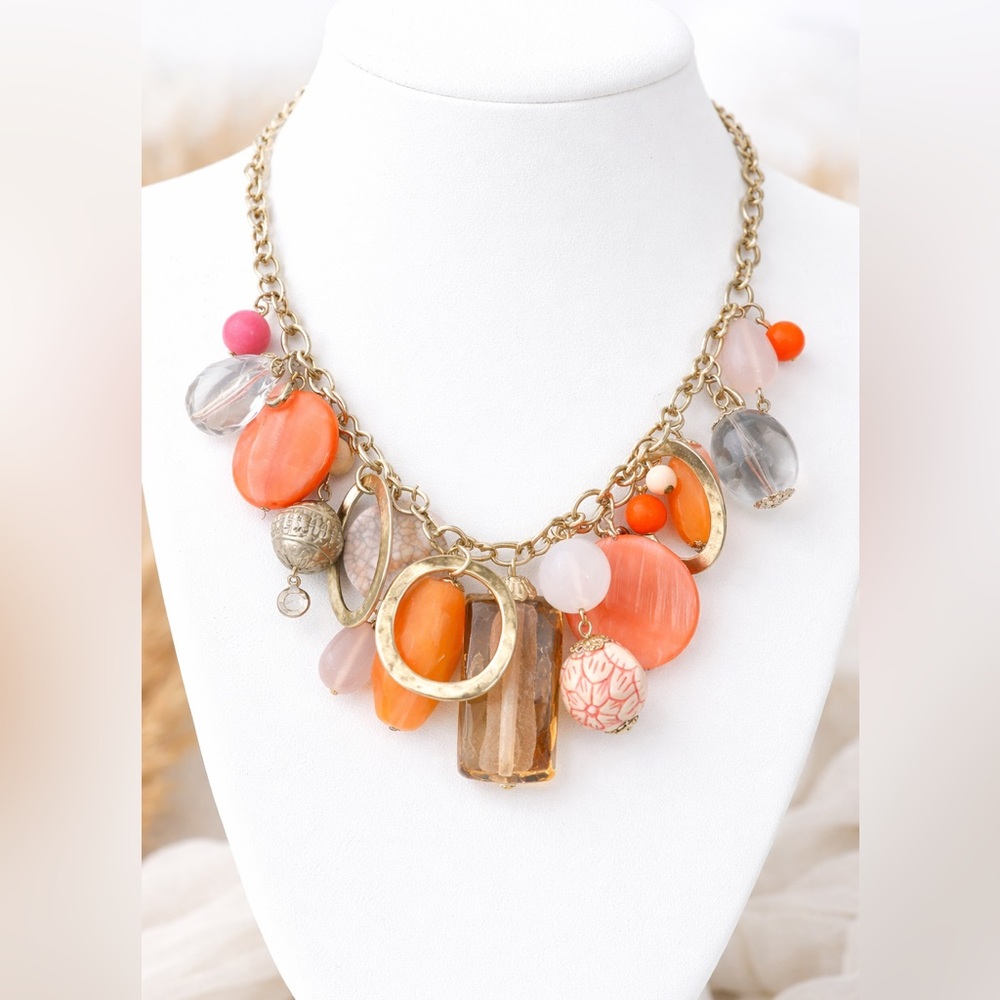 Premier Designs Salmon Orange Beaded Statement Necklace Charm Bib Gold Tone